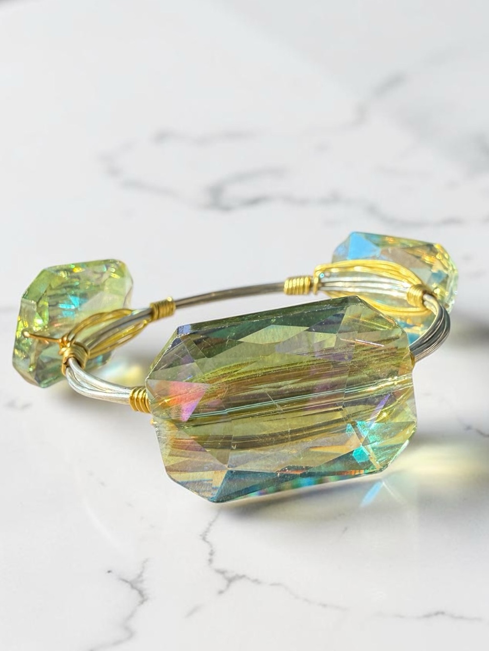 Handcrafted Block Crystal Cuff Bracelet Mermaidcore Faceted Iridescent Prism